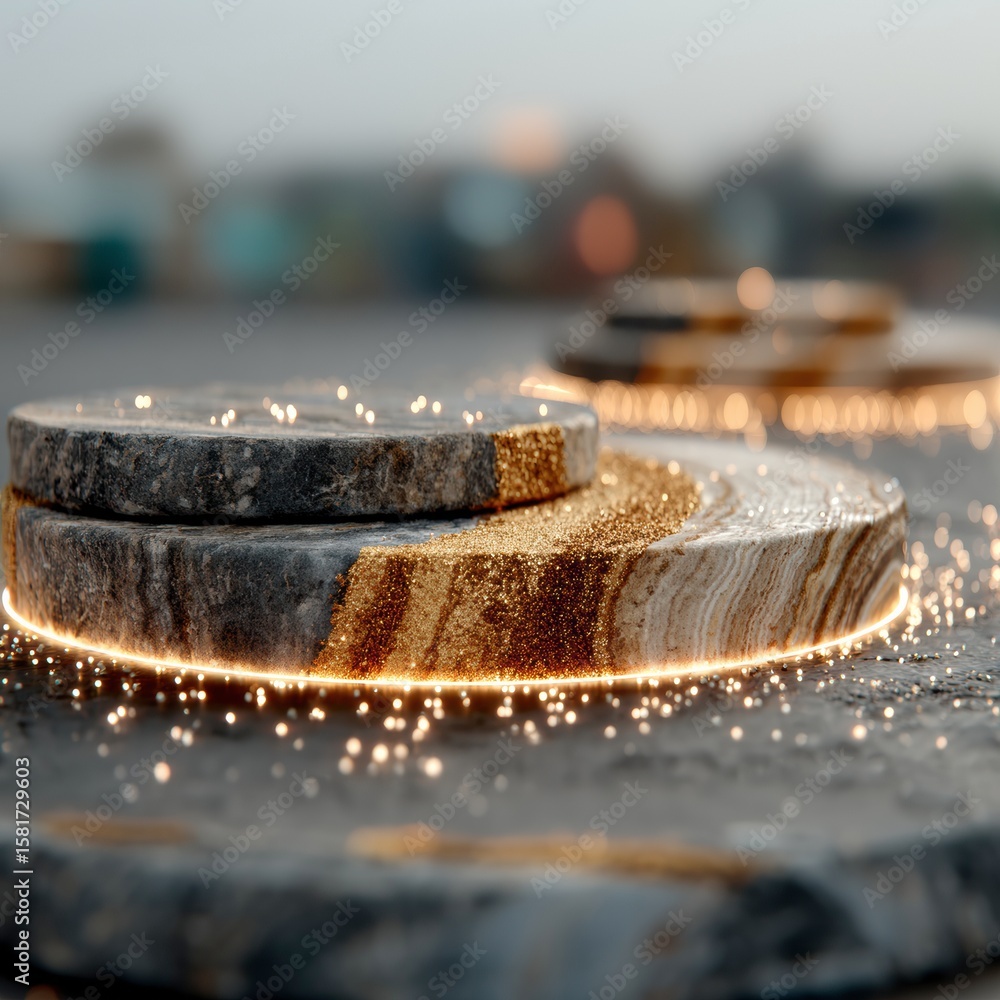 Poster elegant display: a minimalistic composition features natural stone platforms, beautifully illuminate