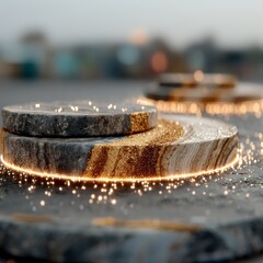 Elegant Display: A minimalistic composition features natural stone platforms, beautifully illuminated with glowing, sparkling details and soft bokeh in the backdrop