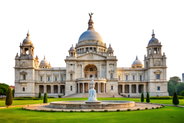 Majestic white marble Victoria Memorial building with a central dome and manicured green lawn isolated on a transparent background