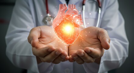 Doctors Hands Gently Holding a Glowing Red 3 D Human Heart Model with Intricate Polygonal Structure and Bright Inner