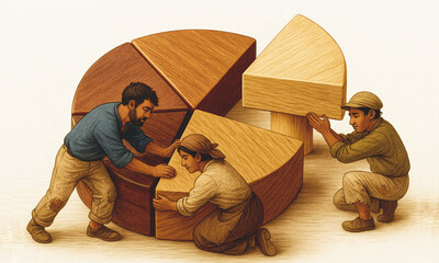 Team of Carpenters Assembling Wooden Pie Chart – Handcrafted Infographic in Earthy Style