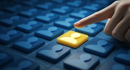 Finger Selecting a Gold Profile Icon Among Many Blue Profile Icons on a Dark Blue Grid Background selection