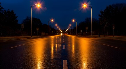 Fototapeta premium Empty street at night after rain, with reflections of streetlights shimmering on the wet pavement, no cars or people in sight.