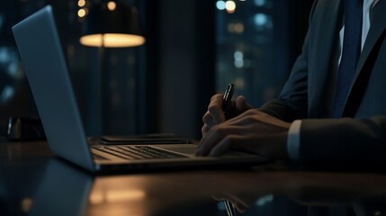 Businessman Working Late on Laptop in Modern Office with City Lights