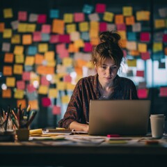 Fototapeta premium Focused woman with a ponytail typing rapidly on a laptop in a bright office environment.