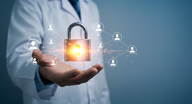 Glowing Metal Padlock Held in Hands Network Security Concept Data Protection Digital Privacy Person Icons Connected - Powered by Adobe