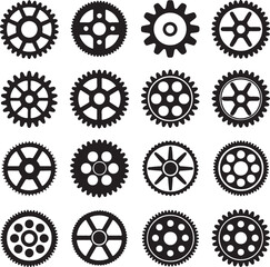 Black gear silhouettes with various spoke and hole patterns gears cogwheels