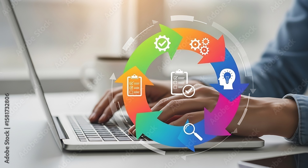 Fototapete person using laptop with colorful circular workflow process graphic showing checklist icons gears id
