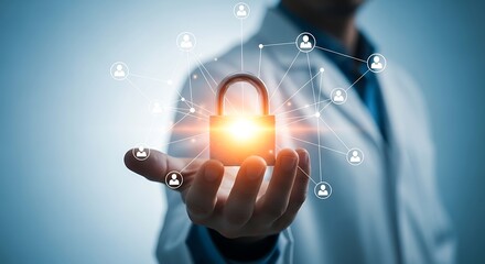 Person in White Coat Holding Metal Padlock Glowing Network Connections Data Security Concept network security