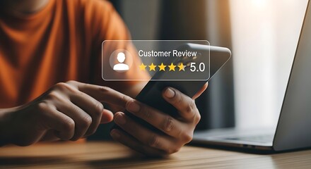 Person using smartphone showing five star customer review rating on screen gold stars digital feedback mobile app