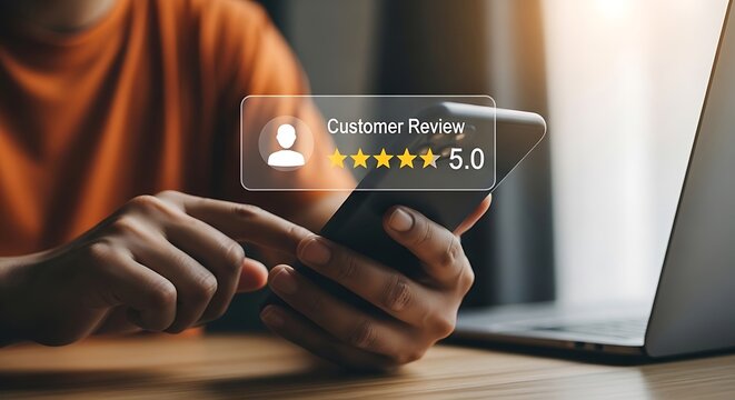 Person using smartphone showing five star customer review rating on screen gold stars digital feedback mobile app