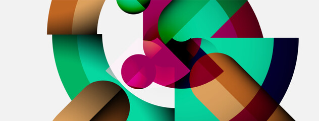 Abstract composition. Geometric shapes overlap, creating dynamic colorful patterns. Modern design, vibrant hues, smooth gradients present.