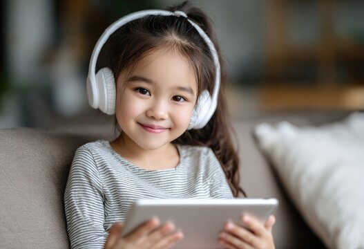 A young Asian girl is sitting on the sofa, wearing headphones and holding an iPad in her hand to watch videos.