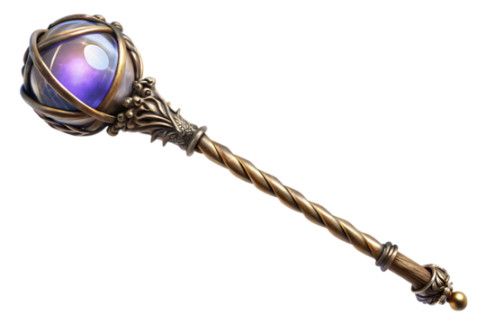 Ornate medieval sorcerer staff with glowing purple crystal orb and dragon head details isolated on a transparent background