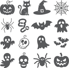 Halloween icons spooky creatures and symbols silhouette pumpkin witch hat