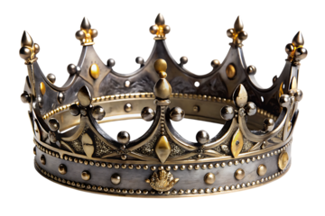 Ornate medieval iron and gold crown with fleur de lis and jewel accents isolated on a transparent background