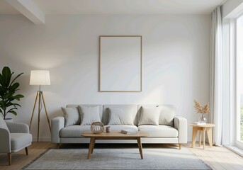 Mockup frame in farmhouse living room interior, frame, design, photo, template, mockup, empty, background, blank, picture, white, isolated, modern, paper, black, wall, art, border, album, shadow, 