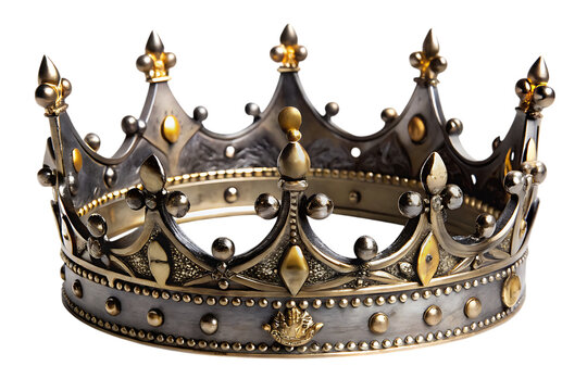 Ornate medieval iron and gold crown with fleur de lis and jewel accents isolated on a transparent background