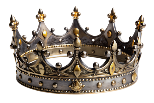 Ornate medieval iron and gold crown with fleur de lis and jewel accents isolated on a transparent background
