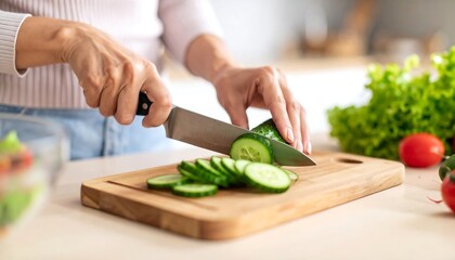 Woman chopping cucumber on a wooden cutting board