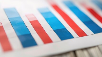 Close-up of red and blue bar chart representing political polling data, election results or voting statistics. Political analysis, democratic process and public opinion research concept.
