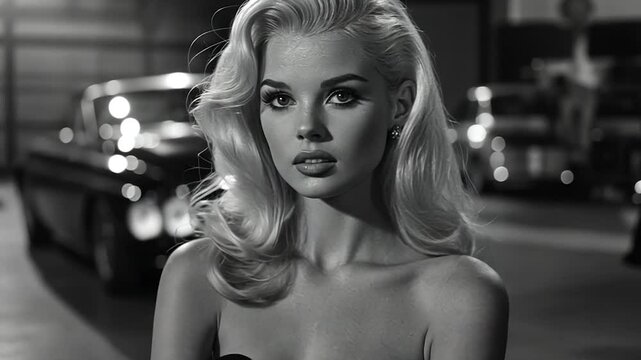 Black and white video still of a blonde woman with voluminous hair, wearing a black strapless dress, sitting in a garage with classic cars in the background. Dramatic lighting and a vintage
