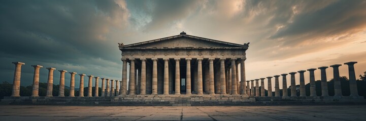Naklejka premium The majestic Greek temple stands against a dramatic sky, showcasing its grandeur and timeless beauty.