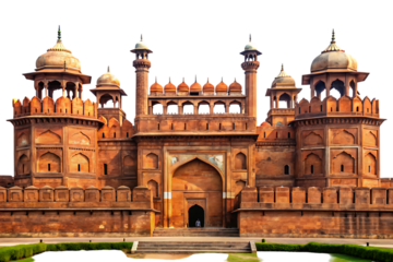 Ornate red sandstone Indian fortress with multiple domes and arched entrance isolated on a transparent background
