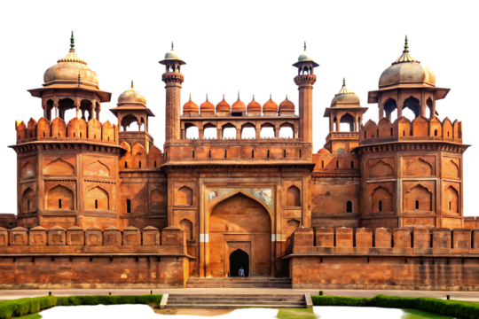 Ornate red sandstone Indian fortress with multiple domes and arched entrance isolated on a transparent background