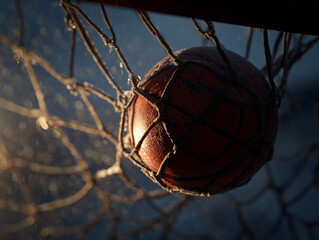 Basketball through net at sunset, outdoor court, dynamic lighting