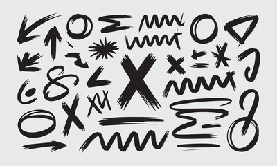 Grunge Hand-Drawn Doodle Arrows and Sketch Symbols Set – Black Textured Marker Scribbles, Scribble Arrows, Abstract Shapes, Grungy Elements for Graphic Design, Posters, and Creative Layouts