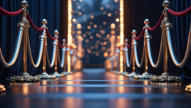 An inviting red carpet entrance leads into a glamorous, upscale event setting with golden stanchions.