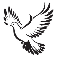 Three black dove silhouettes in flight, each with spread wings, depicted on a gray background
