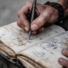 Close-up of a hand sketching detailed notes in a worn notebook on a rustic table.