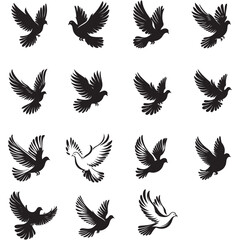 Collection of dove silhouette. Set dove of peace silhouette isolated on white background. Hand drawn vector art.