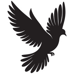 Three black dove silhouettes in flight, each with spread wings, depicted on a gray background