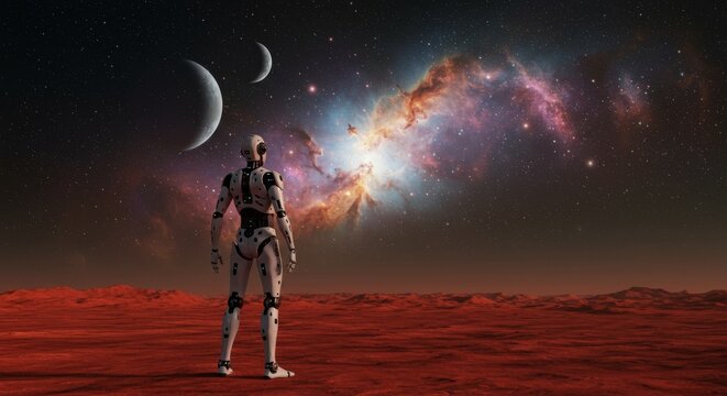 Futuristic Robot Gazing at Cosmic Wonders in an Alien Landscape