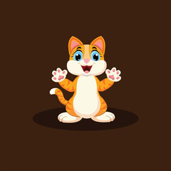 Cute cartoon cat with orange fur and open arms on a brown background