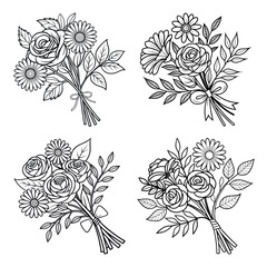 Elegant Hand Drawn Floral Composition with Rose, Daisy, Bud, and Leaf in Fine Line Art