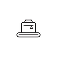 A minimalist line icon depicts a briefcase resting on a flat surface, with a prominent zipper pull on its front.