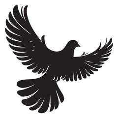 Three black dove silhouettes in flight, each with spread wings, depicted on a gray background