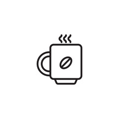 A minimalist line icon of a steaming coffee mug with a coffee bean emblem, conveying warmth and coffee.