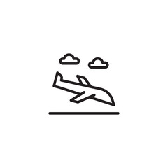 A minimalist line icon depicts an airplane descending towards a runway, with two clouds above, suggesting arrival or landing.
