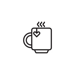 A black outline icon features a steaming mug with a heart-shaped tea bag tag, suggesting a warm and comforting beverage.