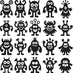 Diverse cartoon monster silhouettes with varied features and expressions creature alien