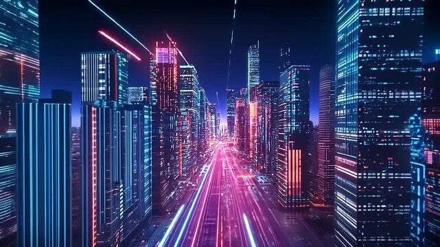 Futuristic cityscape at night with neon lights illuminating skyscrapers and bustling traffic below