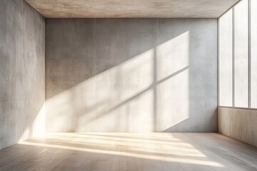 Empty room interior background featuring gray concrete walls and wooden floors, perfect for a minimalist design. 3D rendering, Generative AI