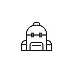 A stylized line icon of a backpack with front pockets and a top handle, representing travel, school, or hiking.