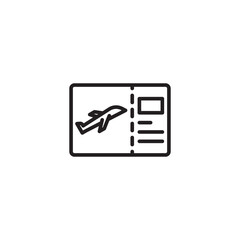 A black outline icon of an airplane ticket or boarding pass, featuring an airplane and perforated details, signifying air travel.