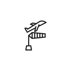 A minimalist line icon featuring an airplane taking off above a windsock, symbolizing airport operations or flight conditions.